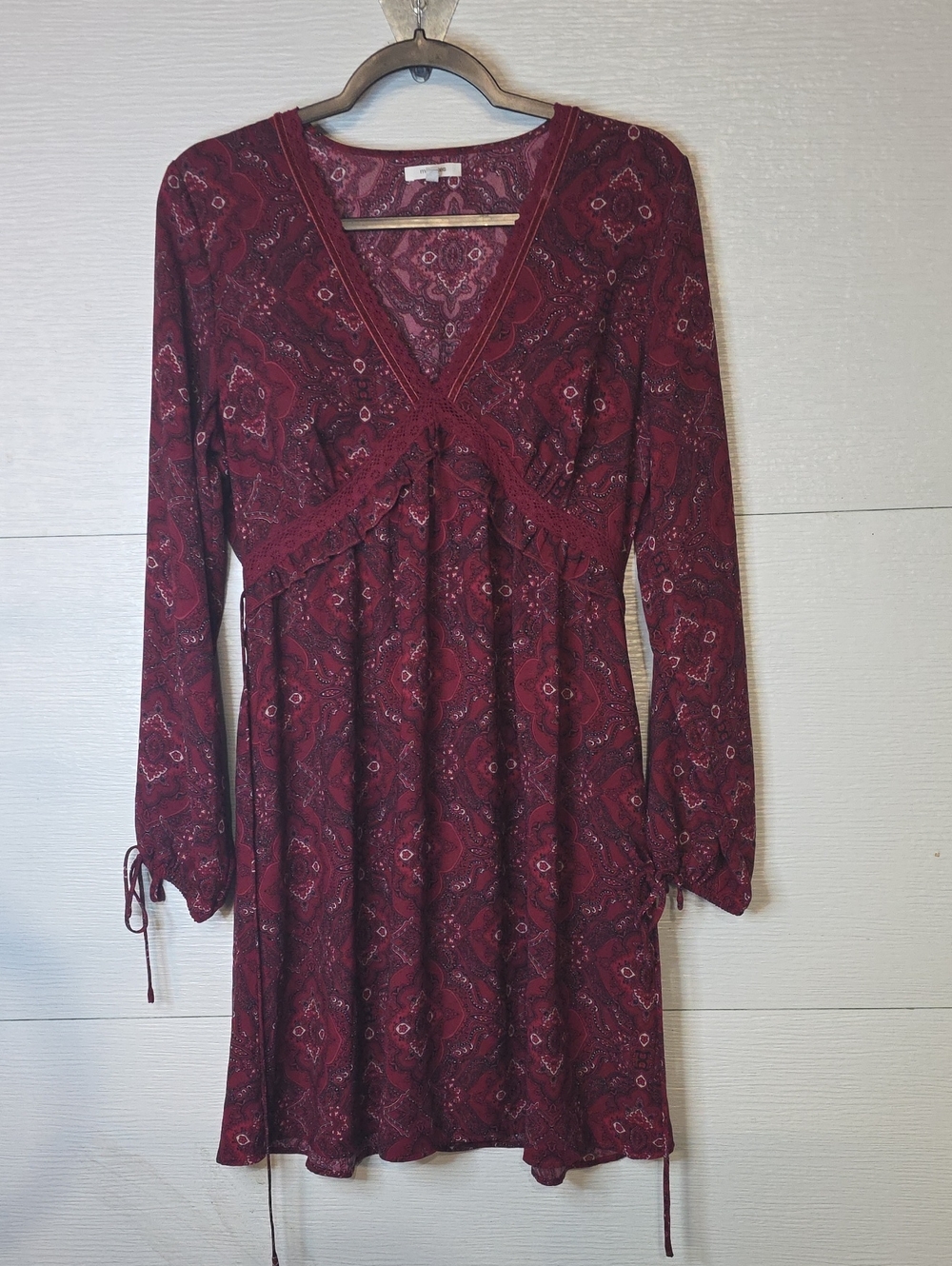 Maurices Burgundy Paisley V-Neck Long Sleeve Dress